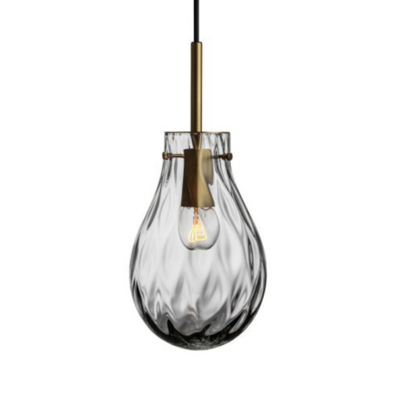 Dråpe lampe med mønster Dobbeltoptikk størrelse liten farge lys røkgrå med messing oppheng fra Hadeland Glassverk