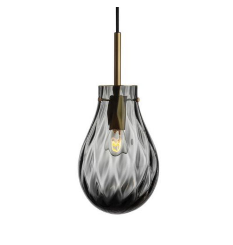 Dråpe lampe med mønster Dobbeltoptikk størrelse liten farge mørk røkgrå med messing oppheng fra Hadeland Glassverk