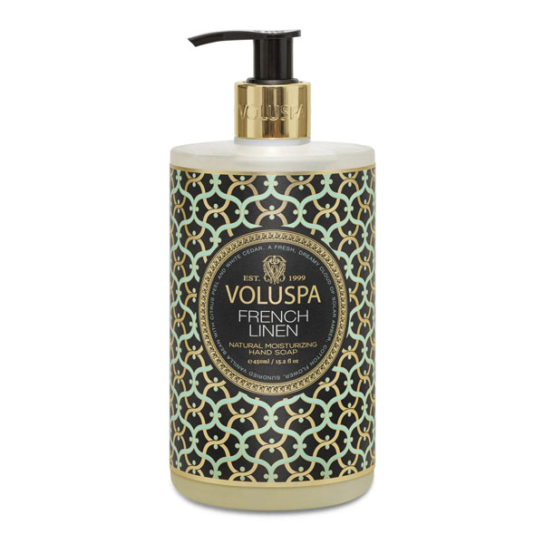 Håndsåpe | French Linen fra Voluspa, produktbilde av håndsåpe med pumpe i duften French linen