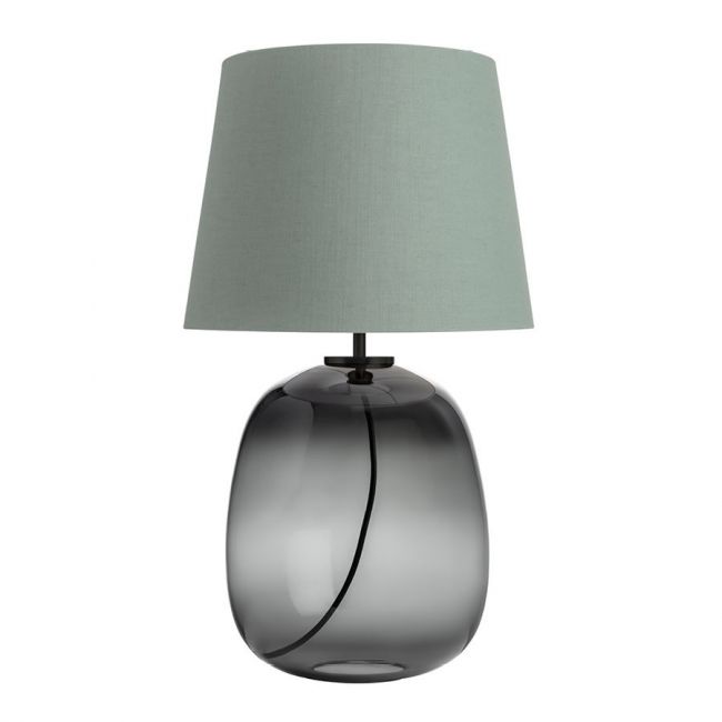 Austra Bordlampe | røkgrå / blågrønn fra Hadeland Glassverk, produktbilde av røkgrå glassfot med sort armatur og blågrønn skjerm