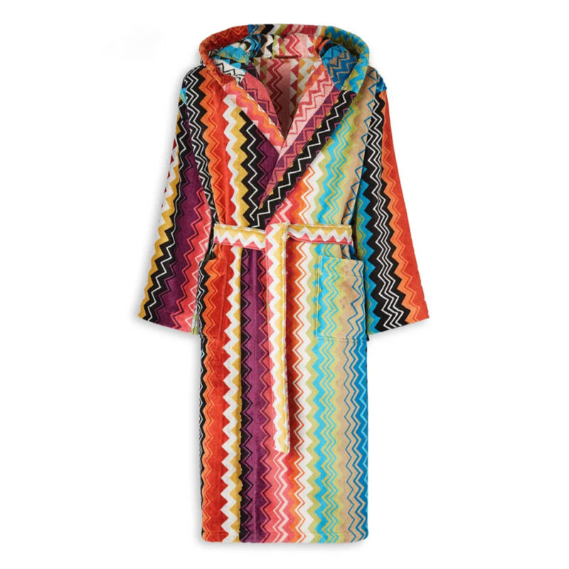 Missoni badekåpe i mønsteret og fargen giacomo 100 som går i oransje, sort, rosa, gul og blå.
