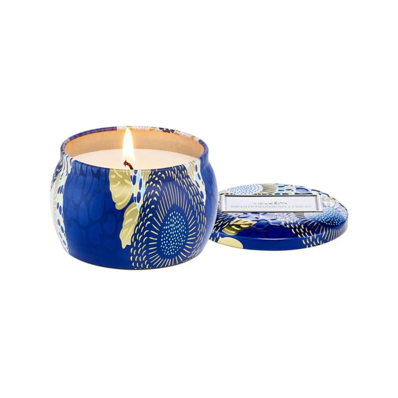 Voluspa mini duftlyse i blått med duften mediterranean lemon