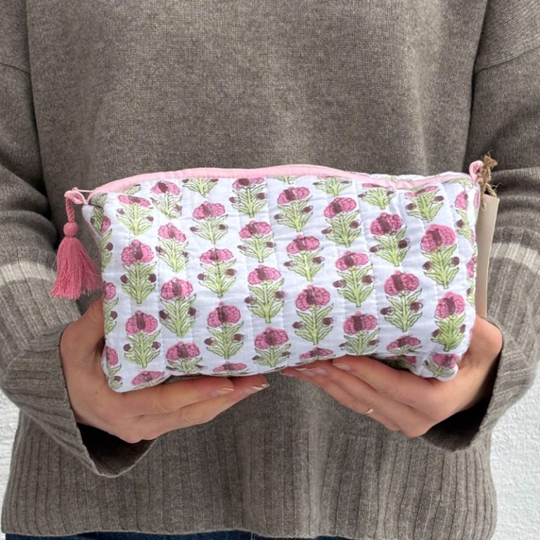 toalettmappe stor i rosa og hvit fra Anouska